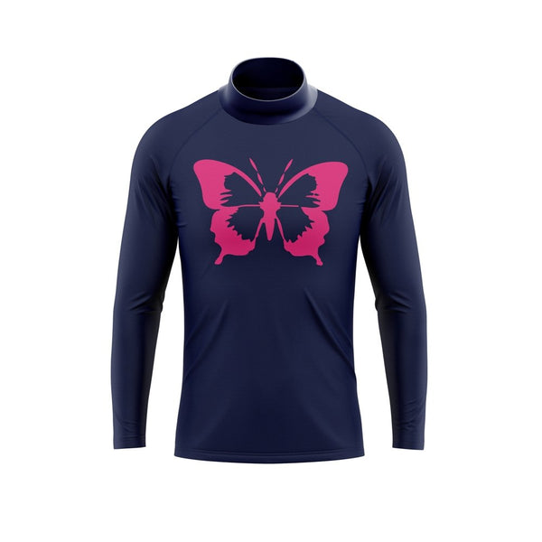 Beach Butterfly Pink Chest Print on Kids Indigo Long Sleeve Rash Vest